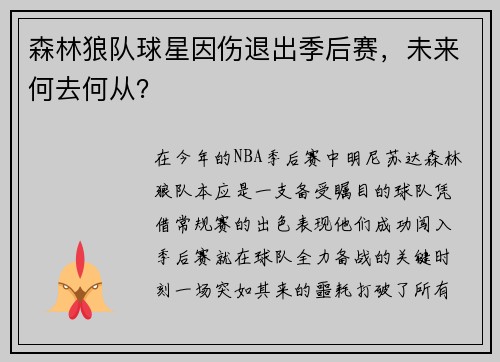 森林狼队球星因伤退出季后赛，未来何去何从？