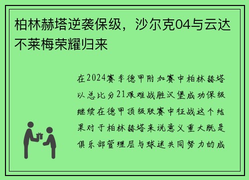 柏林赫塔逆袭保级，沙尔克04与云达不莱梅荣耀归来