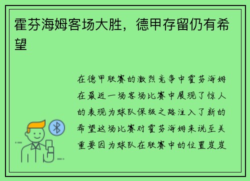 霍芬海姆客场大胜，德甲存留仍有希望