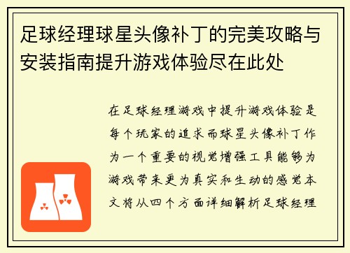 足球经理球星头像补丁的完美攻略与安装指南提升游戏体验尽在此处