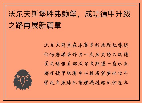 沃尔夫斯堡胜弗赖堡，成功德甲升级之路再展新篇章